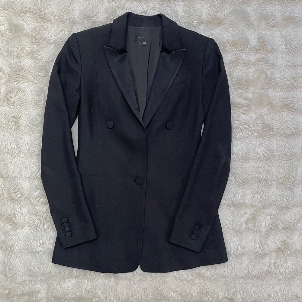 Theory Long Black Wool Tuxedo Blazer